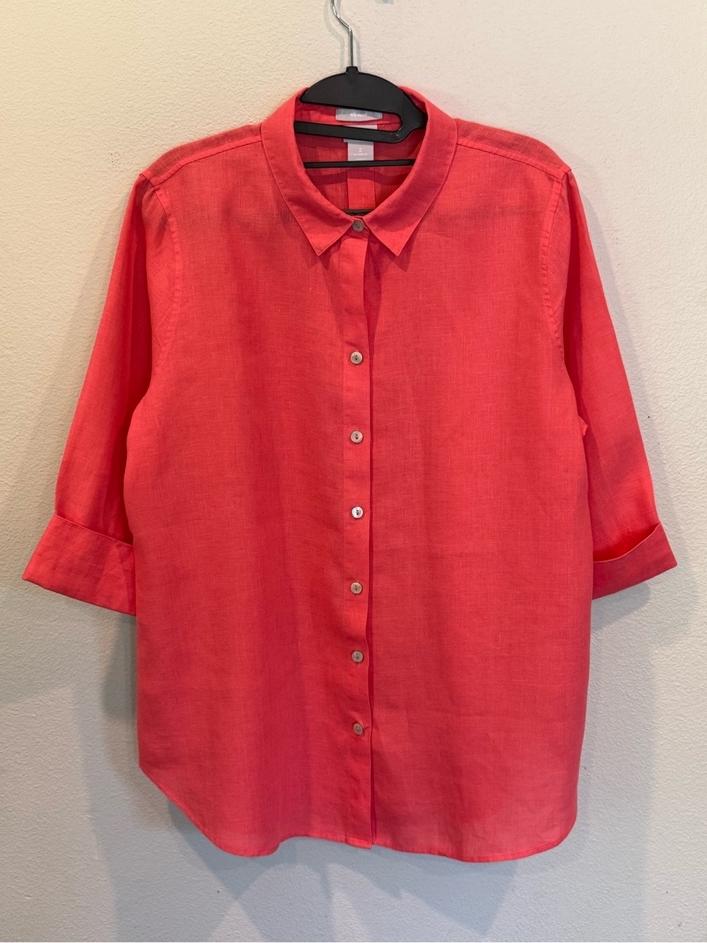 Chicos No Iron 100% Linen Button Up Shirt 3/4 Cuffed Sleeve Womens Size 2 (12)